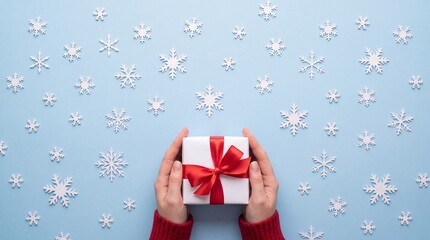 Obraz premium High angle view of human hands in red sweater holding a white gift box with a red ribbon on a light blue background decorated with white snowflakes, winter holiday celebration and giving concept.