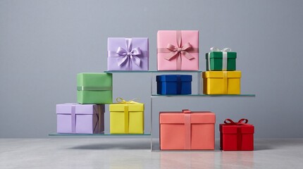 Obraz premium A clean composition of various colorful gift boxes with elegant ribbons and bows neatly arranged on modern transparent glass shelves against a neutral grey studio background, ideal for holidays.