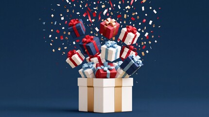 Obraz premium Celebration Concept with Many Red Blue and White Gift Boxes Flying Out of a Large Open White Box with Golden Ribbons and Falling Confetti on a Deep Blue Background for Festive Holiday Marketing