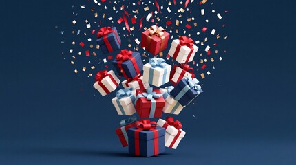 Obraz premium Dynamic Explosion of Colorful Gift Boxes with Confetti and Ribbons on Dark Blue Background for Holiday Celebration, Christmas Sale, and Special Occasion Promotion Concept