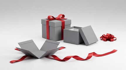 Obraz premium Elegant Set of Grey Gift Boxes with Red Satin Ribbons in Various States including Closed, Opened, and Unfolded Flat Template on Minimalist White Studio Background for Holiday and Corporate Giving