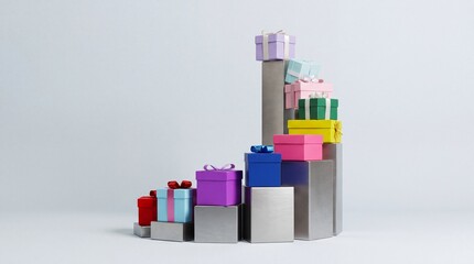 Obraz premium Conceptual business growth represented by colorful gift boxes stacked on metallic pedestals in an ascending bar graph format, symbolizing financial profit, seasonal sales success and bonuses.