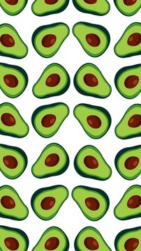 Fresh avocado pattern motion graphic background featuring sliced green avocados with brown seeds on a clean white backdrop