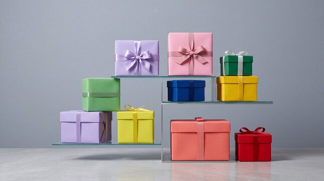 A clean composition of various colorful gift boxes with elegant ribbons and bows neatly arranged on modern transparent glass shelves against a neutral grey studio background, ideal for holidays.