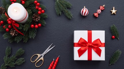Obraz premium Flat lay of festive Christmas composition featuring white gift box with red bow, lit candle in pine wreath, golden scissors, and holiday ornaments on dark textured background for seasonal greeting