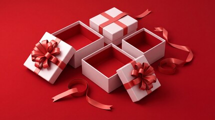 Obraz premium High Angle View of Multiple Elegant White Gift Boxes with Red Satin Ribbons and Bows, Some Open to Reveal Red Interiors, Set Against a Vibrant Red Background for Holiday and Festive Celebrations