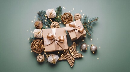 Obraz premium Elegant Christmas Gift Boxes with Beige Silk Ribbons, Pine Branches, Ornaments, and Sparkling Bokeh Lights on Green Background, Festive Holiday Greeting Card Concept with Copy Space
