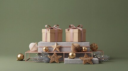 Obraz premium Elegant Christmas Composition with Two Craft Paper Gift Boxes on Concrete Podiums Decorated with Golden Ornaments Stars Baubles and Pine Branches Against a Muted Green Studio Background