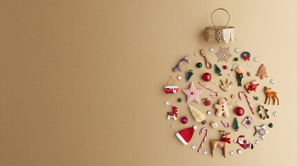 Obraz premium Creative Christmas Bauble Concept Made of Various Festive Ornaments and Trinkets Arranged in a Circle on a Beige Background with Copy Space, Flat Lay Minimalist Holiday Season Decoration.