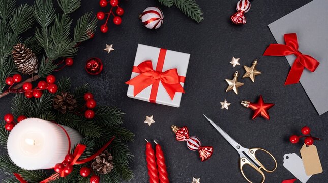 Top view of festive Christmas holiday preparation featuring a white gift box with red ribbon, burning candle, pine branches, red berries, and golden ornaments on dark background for seasonal DIY.