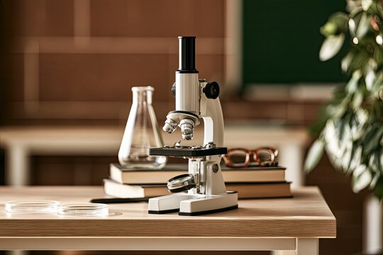 Microscope and lab equipment on a wooden desk in a classroom