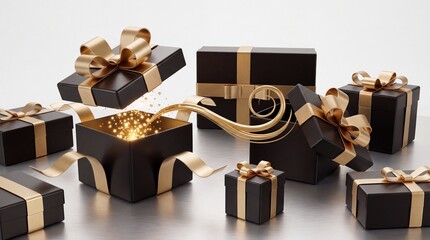 Obraz premium Luxury Black Gift Boxes with Elegant Gold Ribbons and Glowing Golden Magic Particles Emerging from an Open Box on a Reflective Surface for Celebration and Marketing Concepts