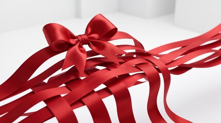 Obraz premium Elegant red satin ribbon with a decorative bow woven into an intricate mesh pattern on a clean white studio background, suitable for festive celebrations, luxury gift wrapping, and holiday cards.