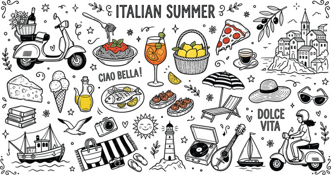 Italian summer themed doodle collection features pasta scooters and coastal elements in a black and white sketch style adventure beverage