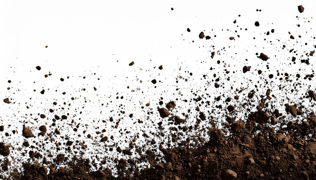 Dynamic explosion of brown soil and dirt dust splattering against a clean white background. Isolated natural ground element ideal for agriculture, construction, and action design projects.