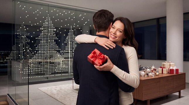 Happy Young Woman Smiling While Hugging Her Partner and Holding a Small Red Gift Box with Ribbon in a Modern Minimalist Living Room Decorated with Festive Christmas Lights and Holiday Presents