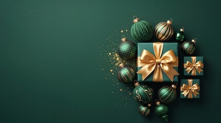 Obraz premium Elegant Green and Gold Christmas Background with Wrapped Gift Boxes, Golden Ribbons, Festive Baubles, and Glitter Ornaments on Dark Emerald Backdrop with Copy Space for Holiday Celebration.