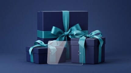 Obraz premium Group of Elegant Dark Blue Gift Boxes with Teal Silk Ribbons and a Blank Transparent Bank Card or Gift Card Mockup on Matching Blue Background for Festive Shopping and Financial Credit Concept