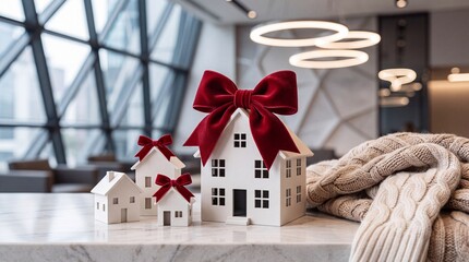 Obraz premium Group of White Miniature House Models with Red Velvet Ribbons on Marble Countertop in Luxury Modern Interior, Representing Real Estate Investment, Home Ownership Gift, and New Property Concept
