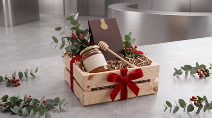 Obraz premium Elegant Gift Hamper in a Rustic Wooden Crate Featuring a Honey Jar with Blank Label, Wooden Dipper, Brown Greeting Card, and Festive Greenery with Red Berries for Corporate Gifting or Holidays.