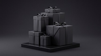 Obraz premium Elegant Stack of Luxury Matte Black Gift Boxes with Ribbons and Bows Arranged on a Dark Marble Platform against a Minimalist Black Background, Perfect for Black Friday Sales or Sophisticated Branding