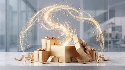 Obraz premium Opened Golden Gift Box with Magical Glowing Light and Sparkling Particles Flowing Out in a Luxury Modern Interior, Conceptual Image for Reward, Success, Surprise, or Holiday Celebration