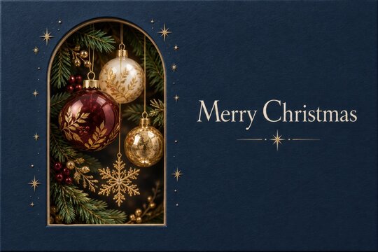 Merry Christmas Greeting Card with Ornaments Inside a Die Cut Arch on Blue Cardstock