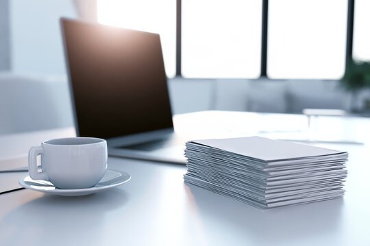 Workspace with a laptop and stack of papers near a coffee cup in a bright room