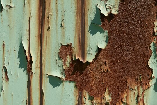 Cracked pale blue paint revealing textured rust and streaks