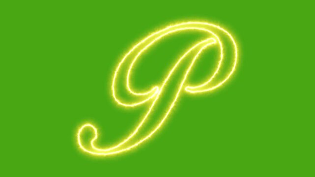 Glowing neon letter p animation on green screen, cursive alphabet character for motion