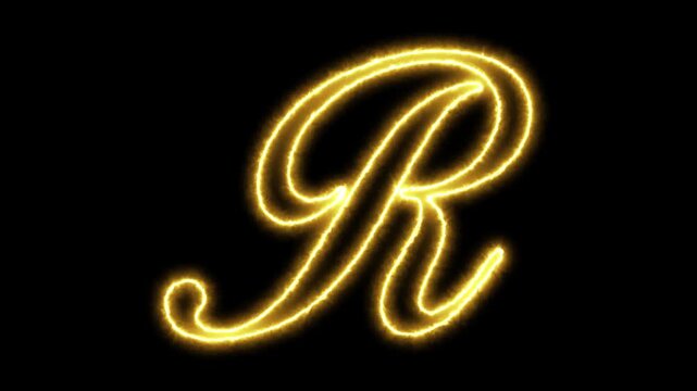 Glowing neon letter r animation, golden script alphabet sign on black background