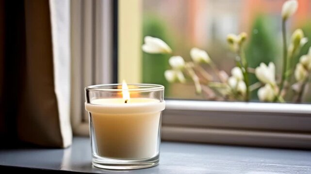 Lit candle in glass jar on windowsill with blurred floral background