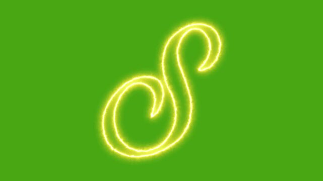 Glowing neon letter s animation with electric energy effect on green screen background, alphabet