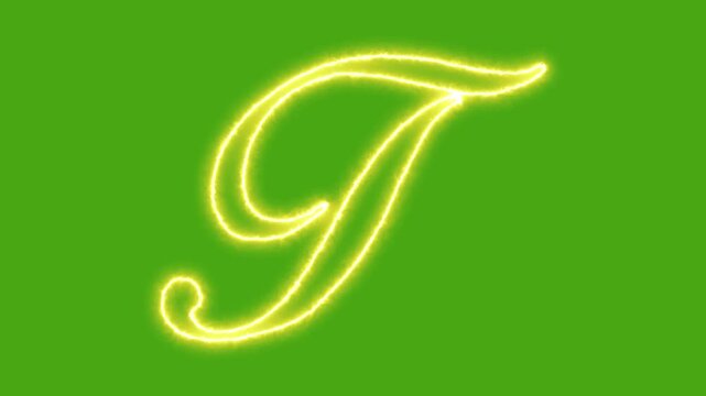 Glowing neon letter t animation, cursive alphabet sign on green screen background