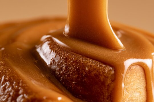 Close up of warm caramel sauce being poured over a cake