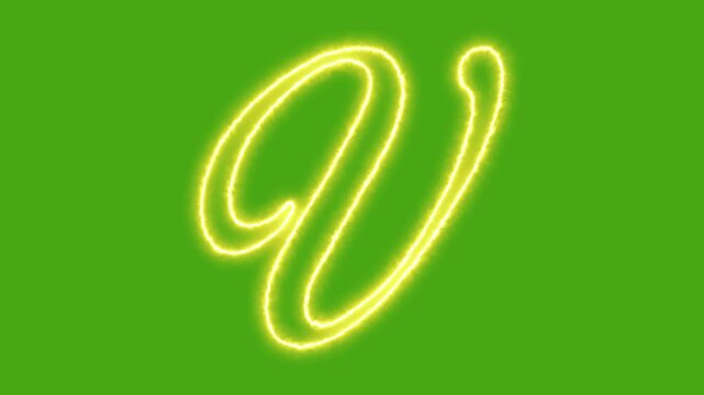 Glowing neon letter v animation on green screen, script alphabet character for motion