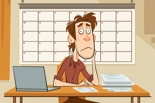 Man sits at desk looking worried with stacks of papers and a calendar in the background
