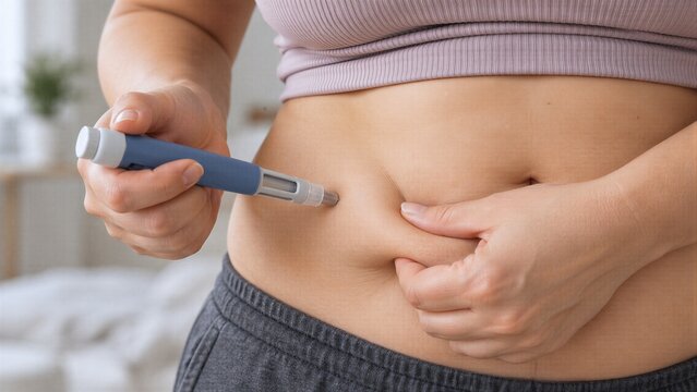 Woman Administering GLP-1 Weight Loss Medication via Pen Injection into Abdominal Belly Fat.