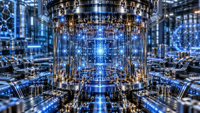 Advanced quantum computer processor core featuring glowing blue light nodes and complex metallic structures.