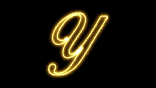 Glowing neon letter y animation, golden electric script alphabet character on black background