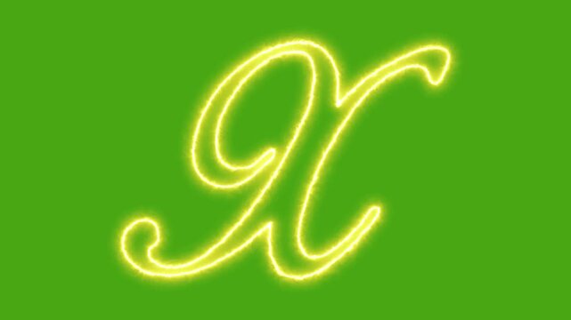 Glowing neon letter x animation on green screen, cursive alphabet character for motion