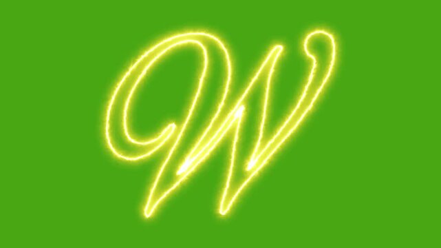 Glowing neon letter w animation on green screen, script alphabet character for motion