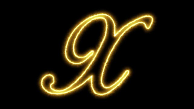 Glowing golden letter x animation, neon script alphabet character on black background