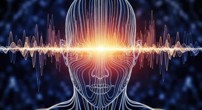 Digital Illustration of Human Mind and Brain Activity with Energy Waves.
