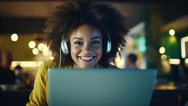 Smiling African American Woman with Curly Hair Wearing Headphones and Using Laptop in a Cafe