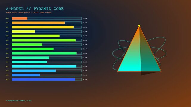 Digital model drift visualized through a dynamic animated pyramid core showing shifting bar graph metrics across three sequential frames of neon glowing software data analysis