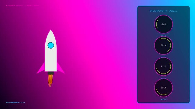 A conceptual model drift visualization shows animated rockets launching vertically beside a glowing digital trajectory board featuring changing numerical data in a vibrant gradient color workspace