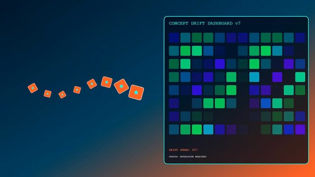 Monitoring model drift within a digital dashboard interface showing changing colorful blocks and animated geometric shapes on a dark screen during a computer system data process