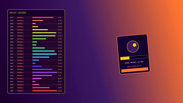 A sequence showing model drift monitoring interfaces displayed within vibrant gradient screens featuring rows of colorful bars and circular widgets for tracking complex system data analytics