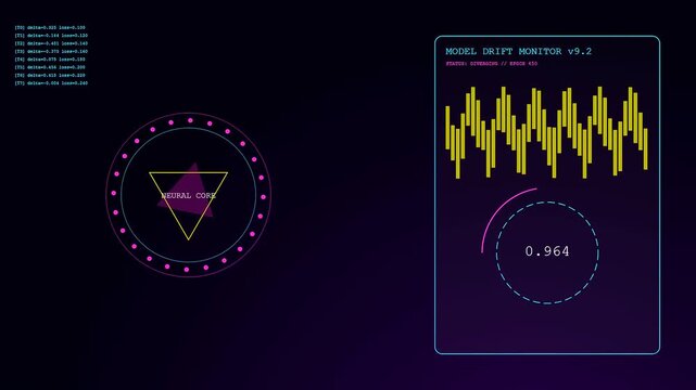 Display of a complex model drift monitor interface showing evolving data patterns and fluctuating metrics across multiple screens during a systematic digital analytical process